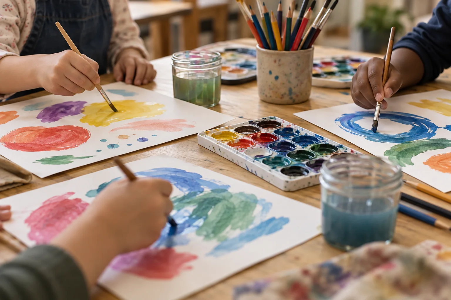 Illustration of children learning to paint