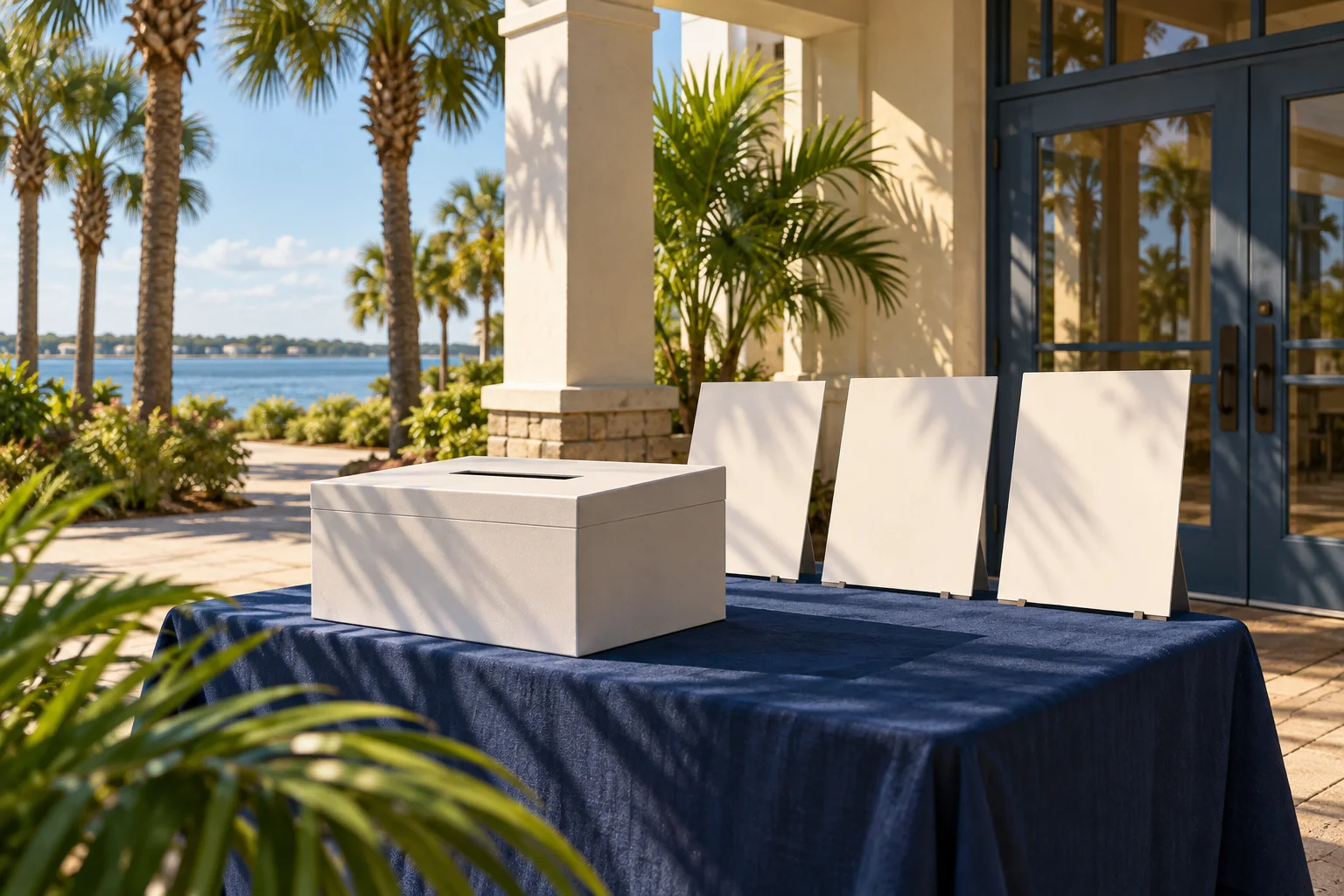 Symbolic illustration of three candidate profiles and a ballot box in Florida